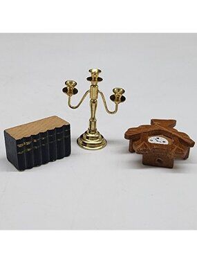 Miniature Dollhouse Accessories Brass Candelabra Books & Cuckoo Clock